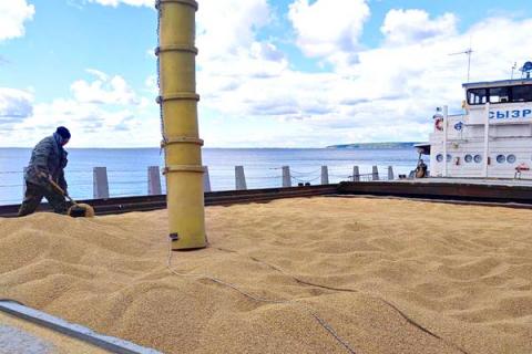 Погрузка зерна нового урожая на судно в Татарстане для экспорта в зарубежные страны