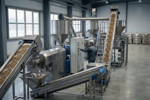 Производство кормов для аквакультуры на российском комбикормовом заводе с линией гранулирования и экструзии