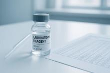 Флакон лабораторного реагента и пипетка на столе, рядом таблица данных — визуализация экспресс-набора для диагностики токсичности кормов