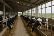 Современная молочная ферма с коровами на откорме в просторном коровнике, вид изнутри
